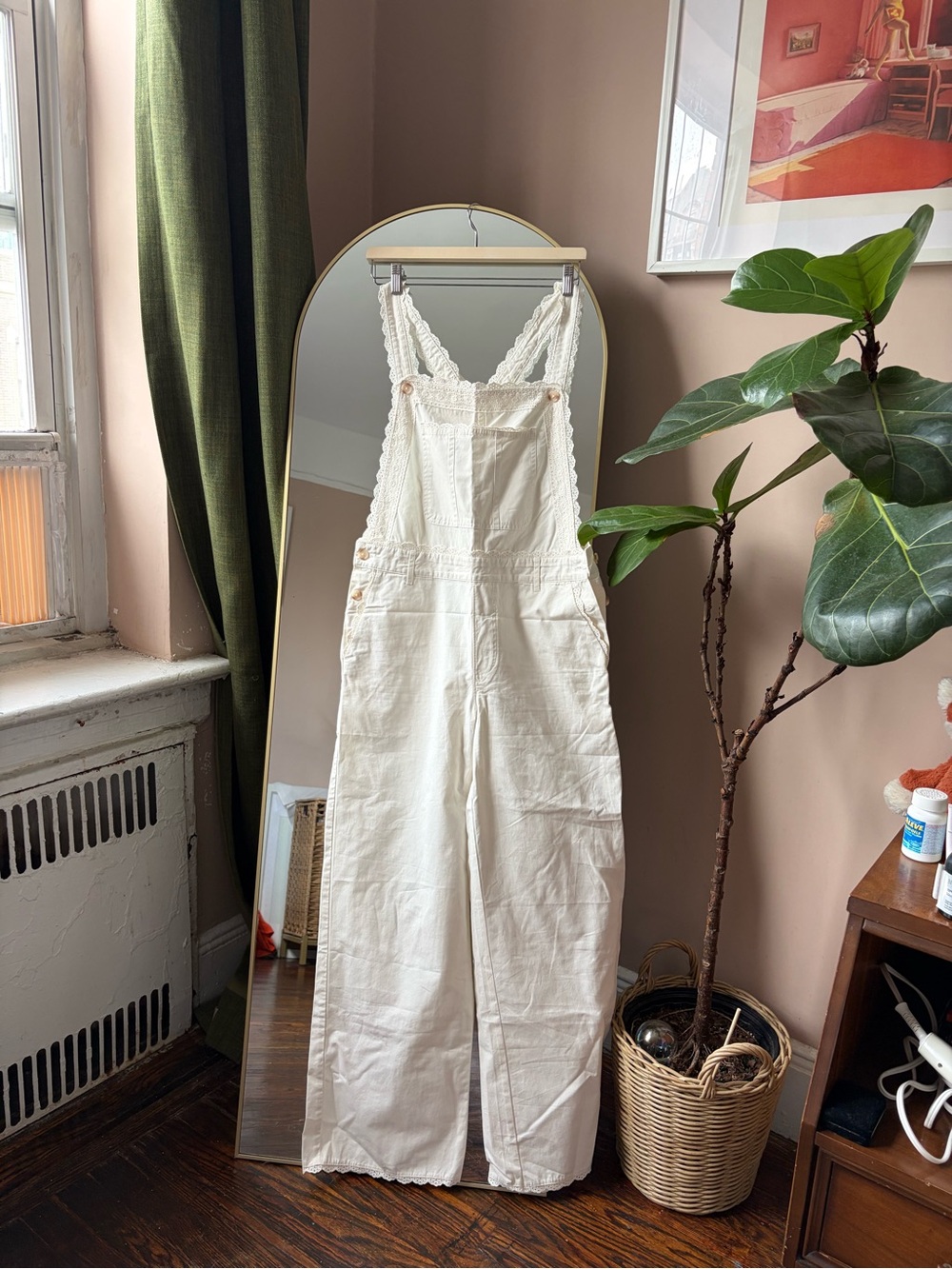 Abercrombie & Fitch Cream 100% Cotton Women's Overalls - Lace Strap Wide-Leg